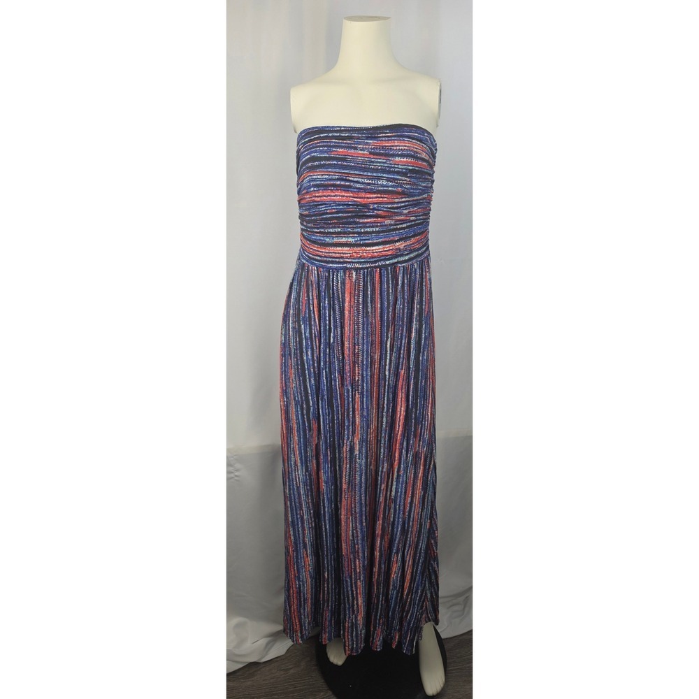 Three Dots Strapless Maxi Dress M Blue Coral Abstract Stripe Ruched Resort Boho